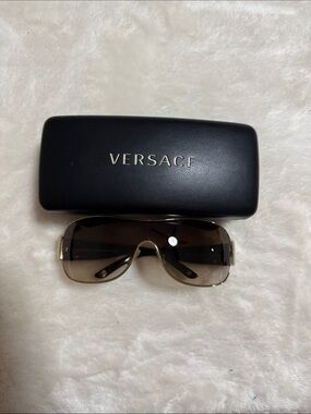 Versace Women’s Shield Sunglasses in Brown and Gold Y2K